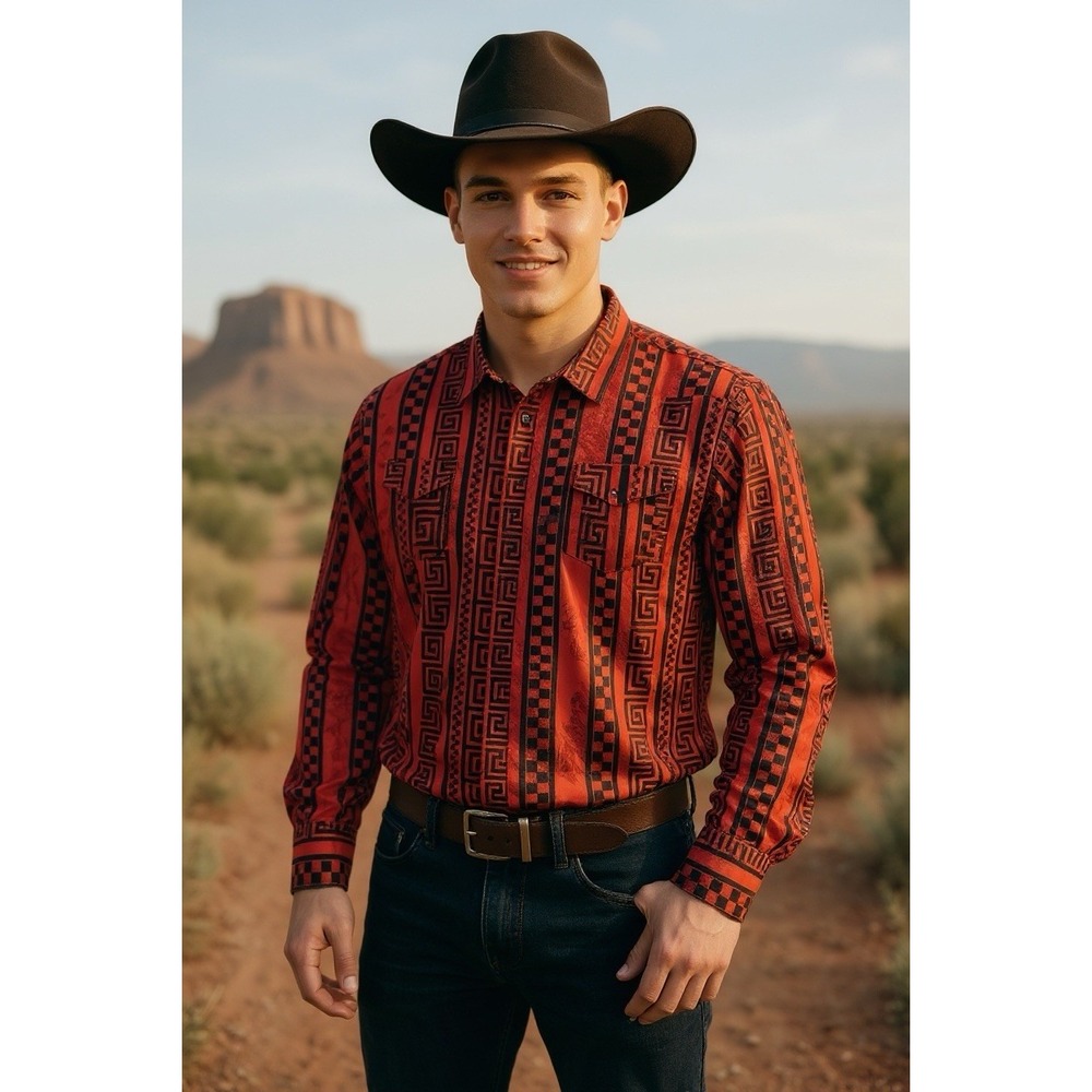 Patron Cito Southwestern Red & Black Long Sleeve Aztec Western Snap Shirt 3xl